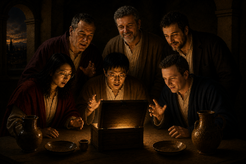 Six researchers gathered around a glowing chest representing piezochirality